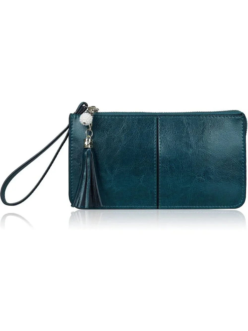 Women’s Peacock Green Genuine Leather Wristlet Clutch Slim Holder Wallet Purse